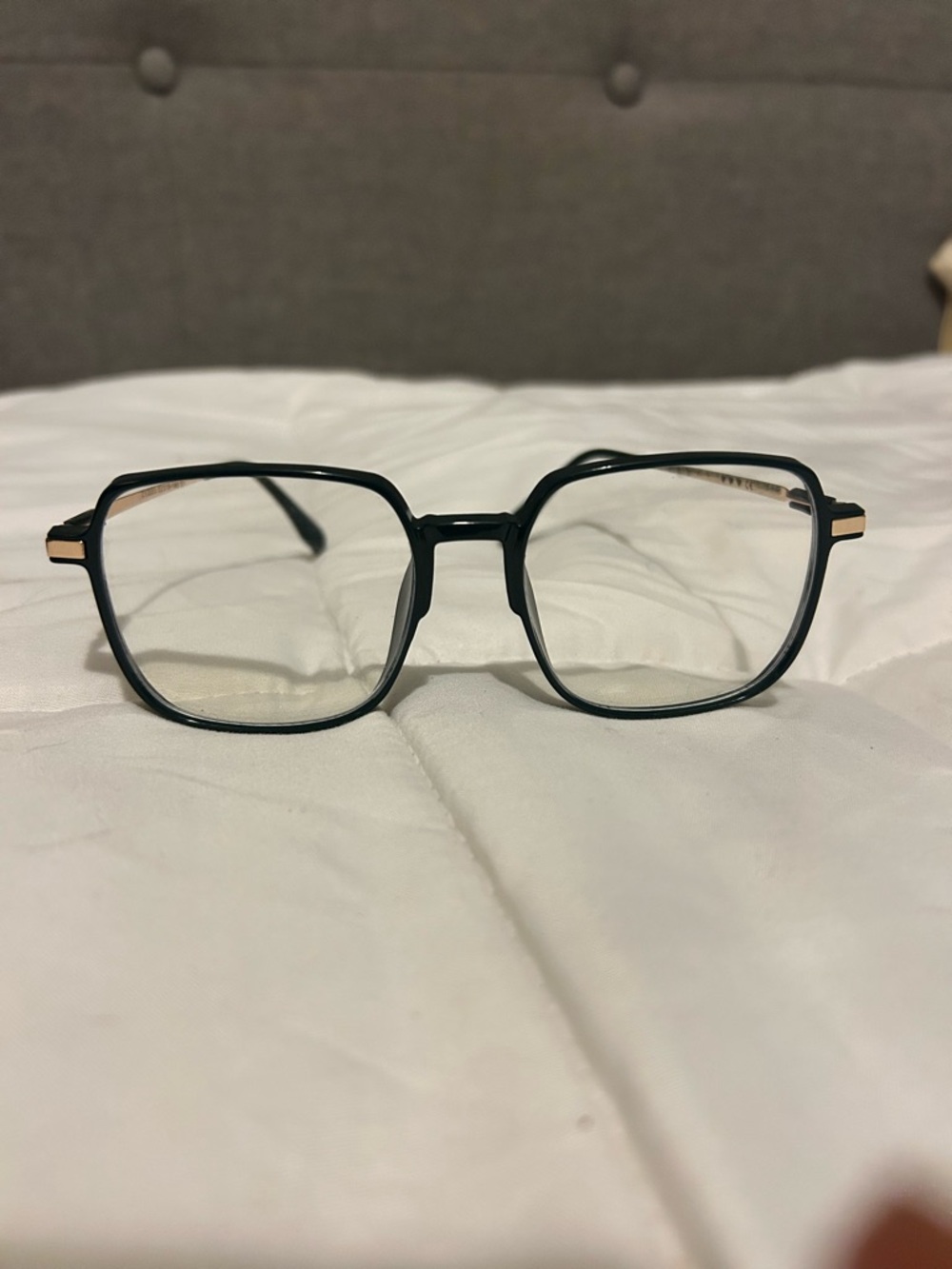 Dark Green Contemporary Square-Frame Eyeglasses with Gold Accents.
